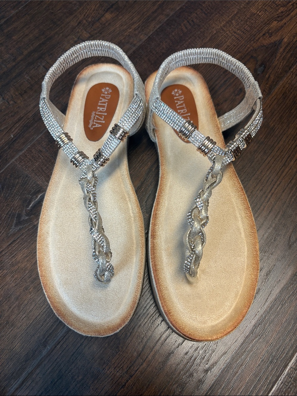 Patricia by spring step silver rhinestone gold Braided T-Strap Sandals women 8.5